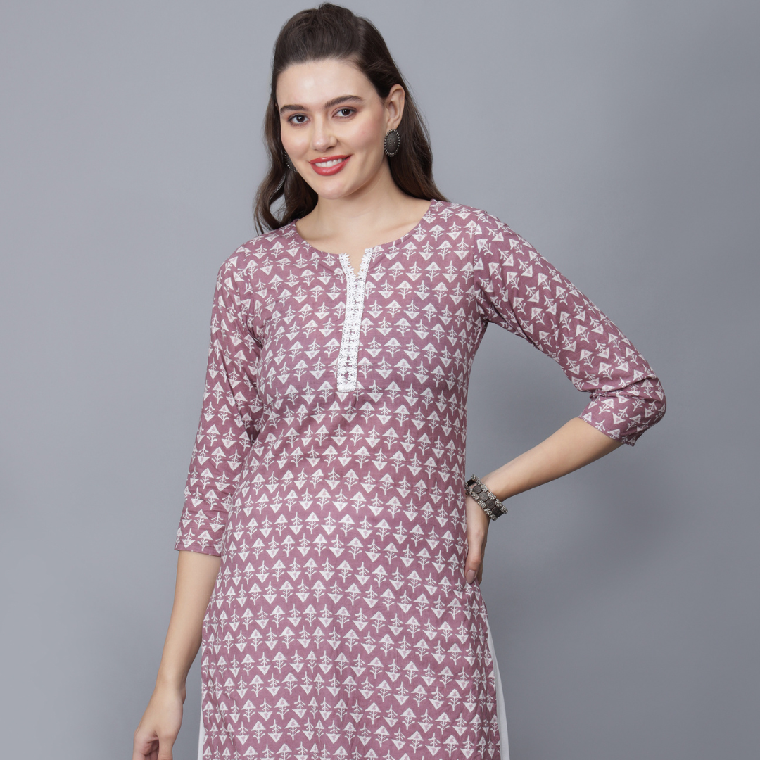 Women Floral Print Pure Cotton Kurta (Purple) - Front Etraana