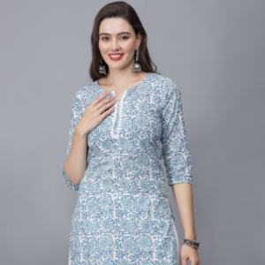 Women Floral Print Pure Cotton Kurta (Blue) - Front Etraana