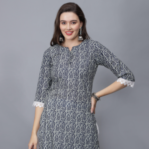 Women's Blue Floral Print Pure Cotton Straight Kurta - Etraana.com