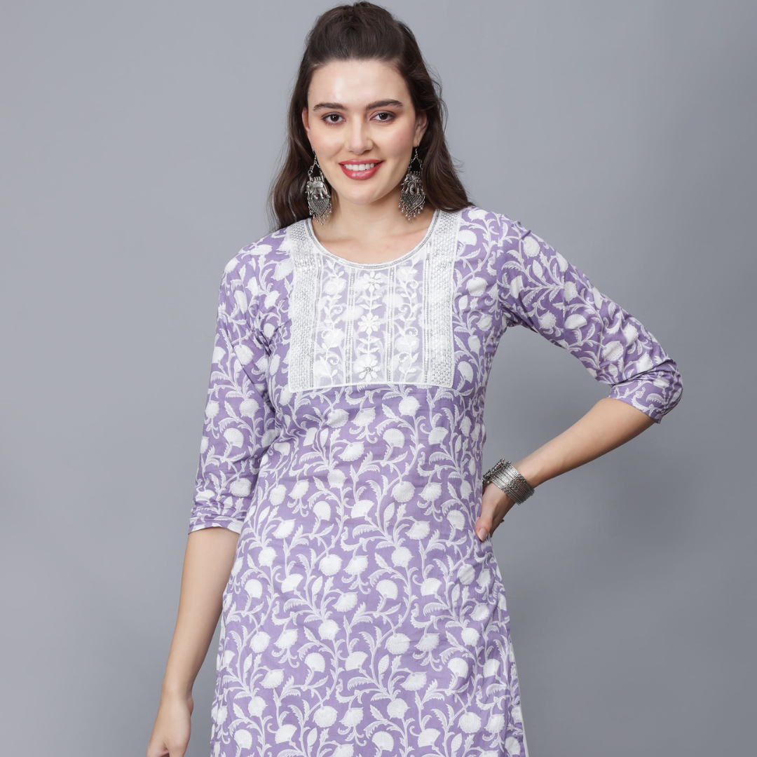 Women's Neck Design Black Floral Print Cotton Kurta - Etraana.com