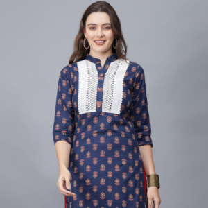 Women's Blue Printed Cotton Kurta - Etraana.com