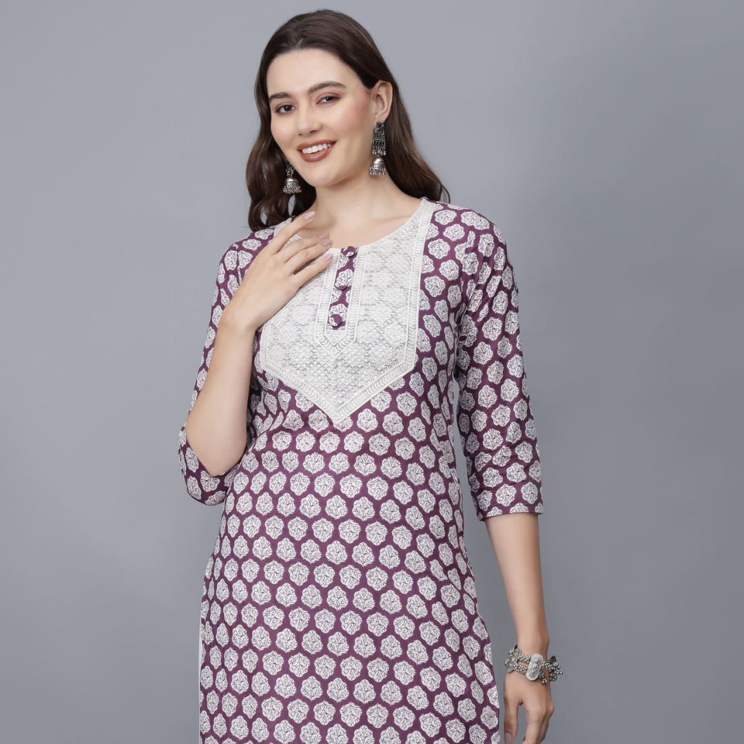 Women's Neck Design Floral Print Cotton Kurta (Lavender)- Etraana.com