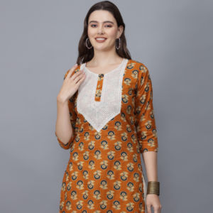 Women's Floral Print Cotton Kurta (Mustard) - Etraana.com