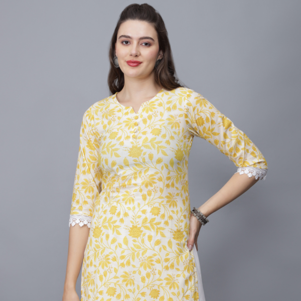 Women's Yellow Floral Print Pure Cotton Straight Kurta - Etraana.com