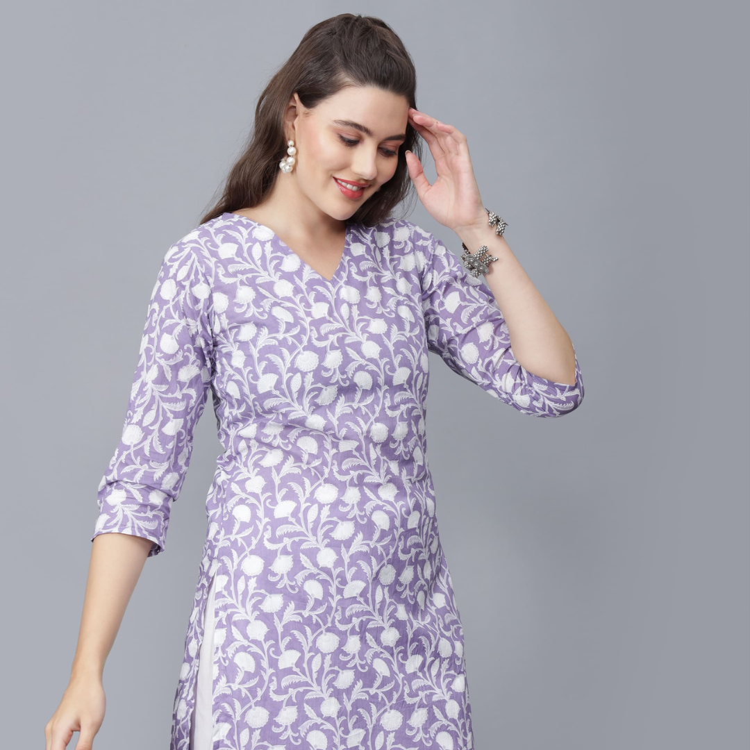 Women's V-Neck Floral Print Cotton Straight Kurta (Levender) -Etraana.com