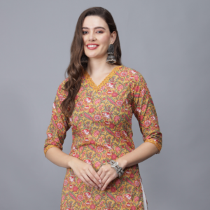 Women's V-Neck Floral Print Pure Cotton Kurta (Mustard) -Etraana.com