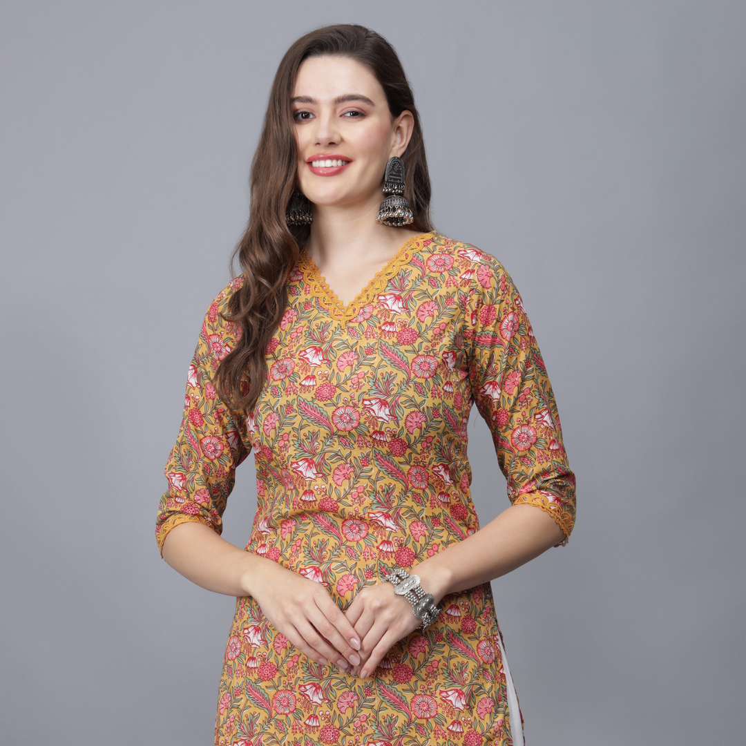 Women's V-Neck Floral Print Pure Cotton Kurta (Mustard) -Etraana.com