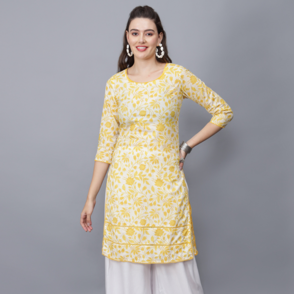 Women's Round-Neck Floral Print Cotton Kurta (Yellow) -Etraana.com