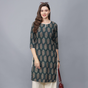 Women's Round-Neck Pure Cotton Kurta (Green)-Etraana.com