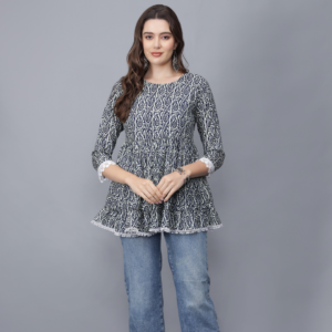 Women's Round Neck Pure Cotton Short Kurti (Blue) -Etraana.com