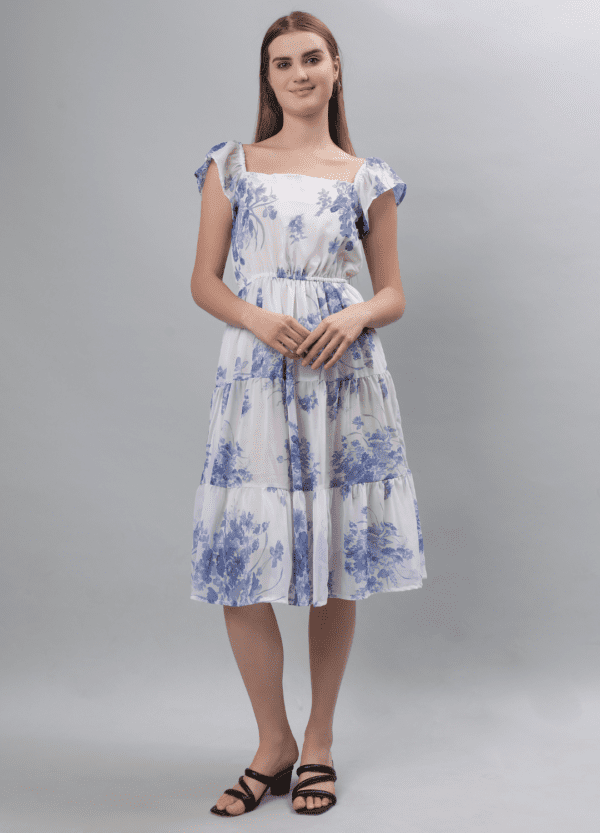 Blue Floral Printed Georgette Dress - Etraana