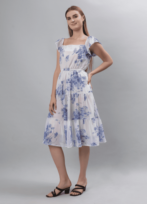 Blue Floral Printed Georgette Dress - Etraana