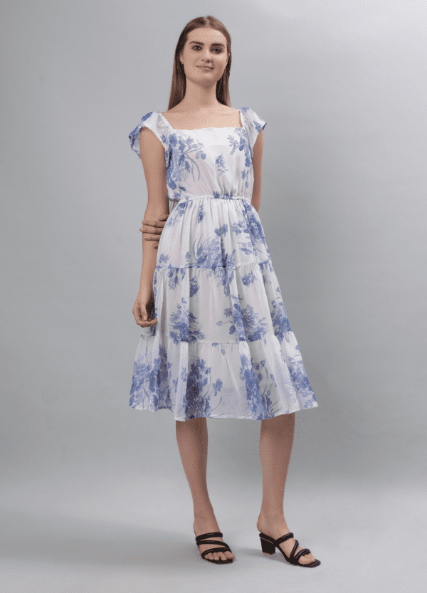 Blue Floral Printed Georgette Dress - Etraana