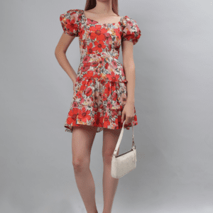 Red Floral Print Mini Dress - Etraana