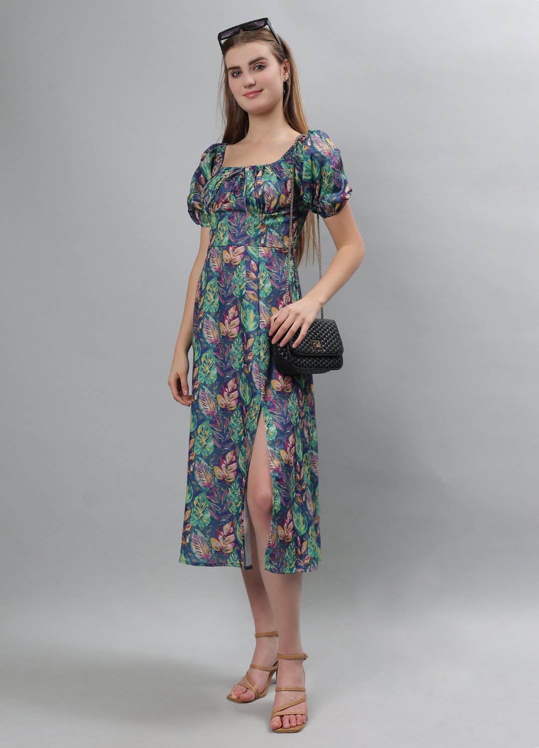 Green Floral Printed Puff Sleeves Smocked Fit Midi Dress- Etraana