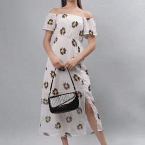 Yellow Floral Print Off-Shoulder Dress - Etraana