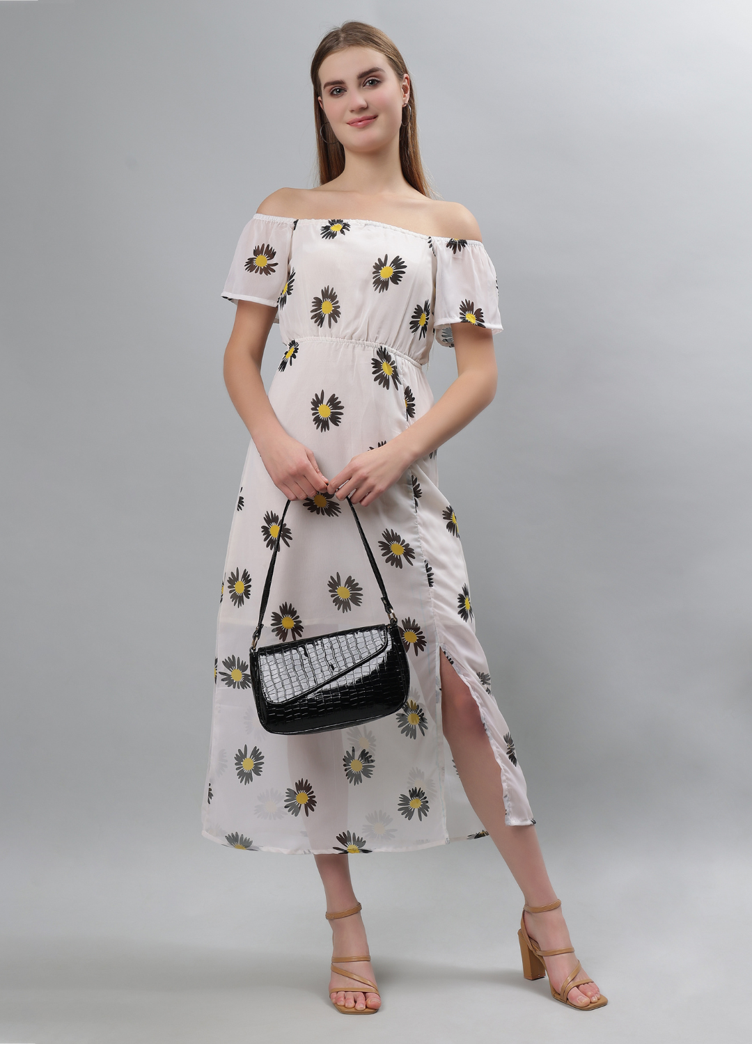 Yellow Floral Print Off-Shoulder Dress - Etraana