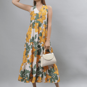 Women Charming Yellow Floral Print Midi Dress-Etraana