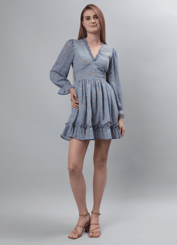 Pastel Blue Floral Print Georgette Mini Dress - Etraana