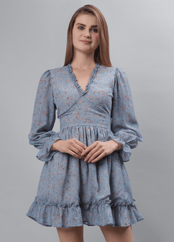 Pastel Blue Floral Print Georgette Mini Dress - Etraana