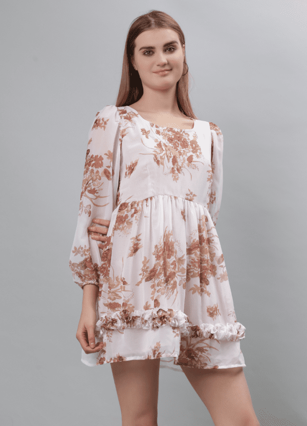 Brown Floral Elegance Georgette Mini Dress - Etraana