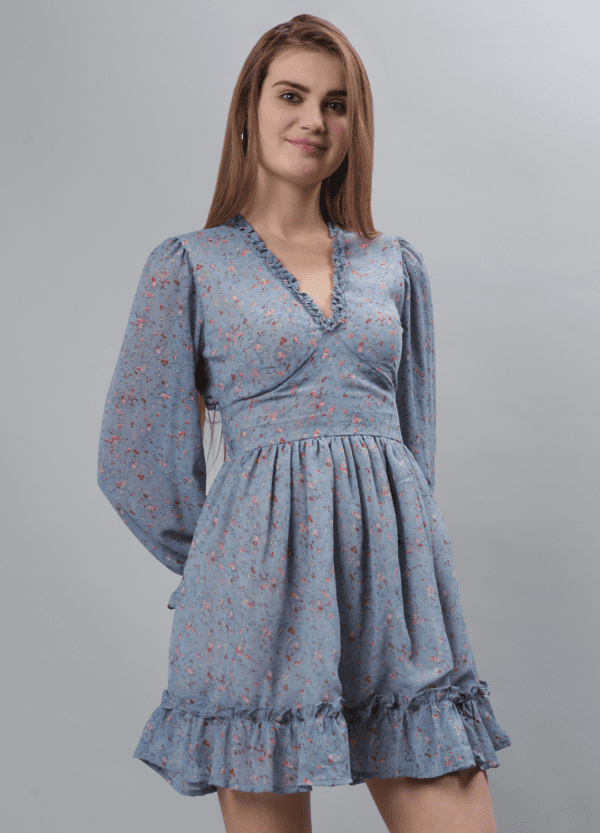 Pastel Blue Floral Print Georgette Mini Dress - Etraana