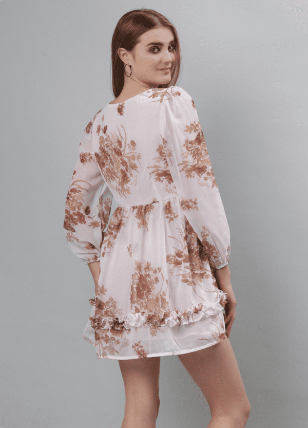 Brown Floral Elegance Georgette Mini Dress - Etraana