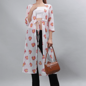 Women’s Red Floral Print Long Shrug - Etraana