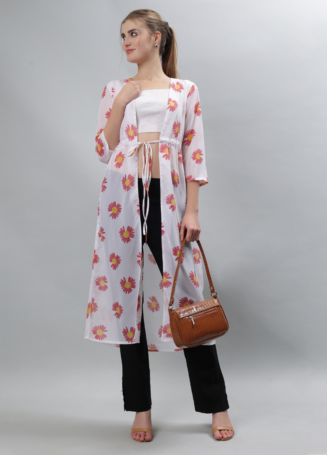 Women’s Red Floral Print Long Shrug - Etraana