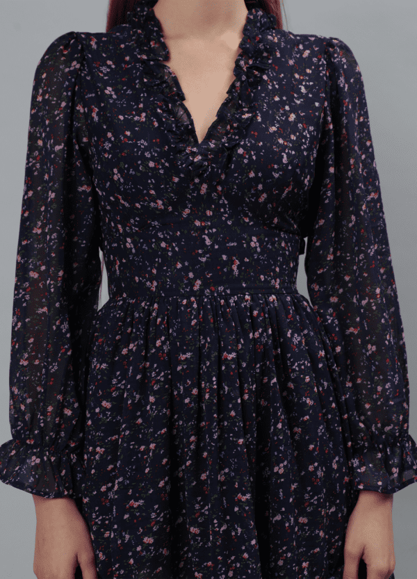 Blue Floral Print Georgette Mini Dress - Etraana