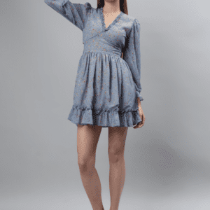 Pastel Blue Floral Print Georgette Mini Dress - Etraana