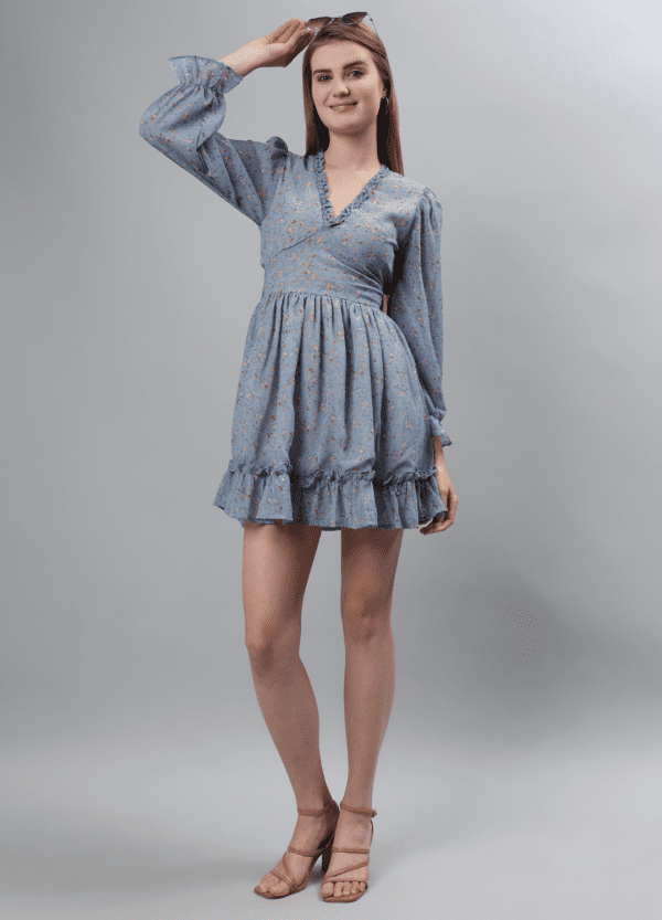 Pastel Blue Floral Print Georgette Mini Dress - Etraana