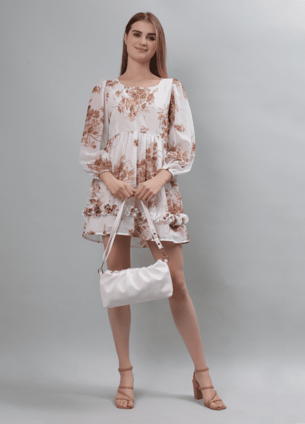 Brown Floral Elegance Georgette Mini Dress - Etraana