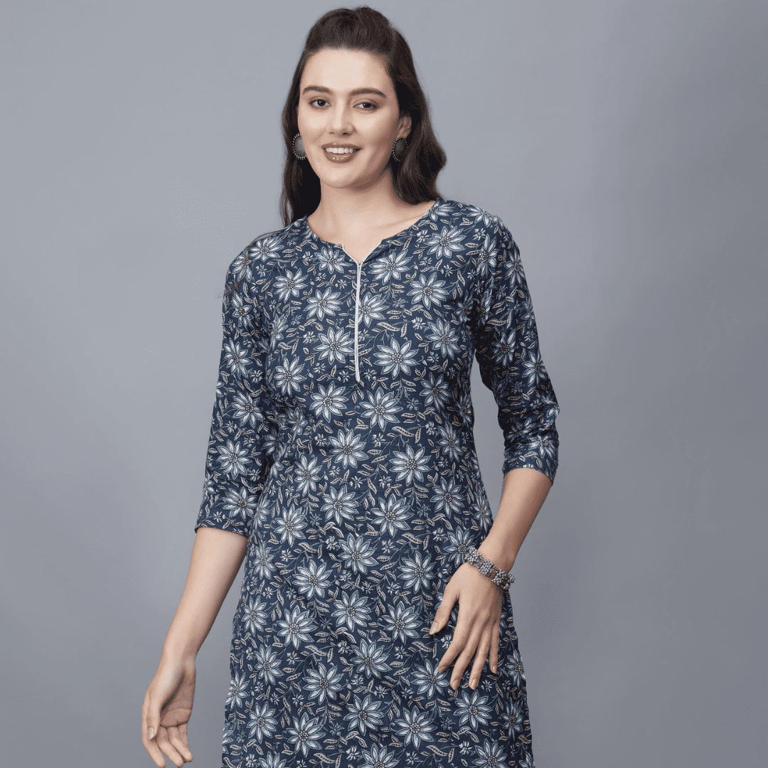Women's Floral Print Pure Cotton Kurta (Blue) -etraana.com
