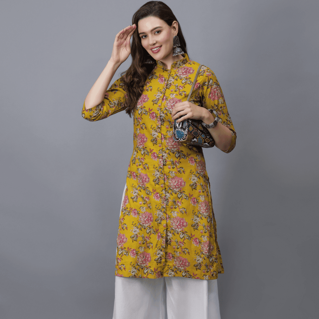 Women's Floral Print Cotton Kurta (Mustard) -etraana.com