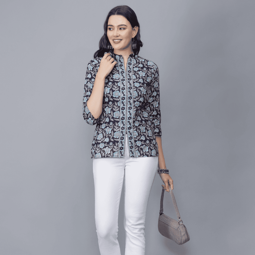 Women's Round-Neck Pure Cotton Short Kurti (Blue)-etrana.com