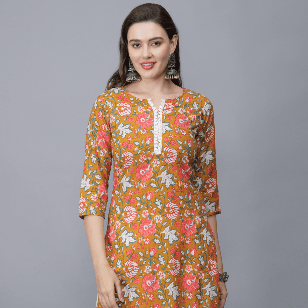 Women Floral Print Pure Cotton Kurta (Mustard)