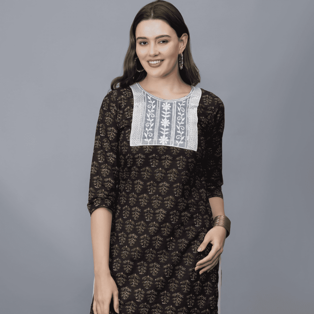 Women's Neck Design Black Floral Print Cotton Kurta - Etraana.com