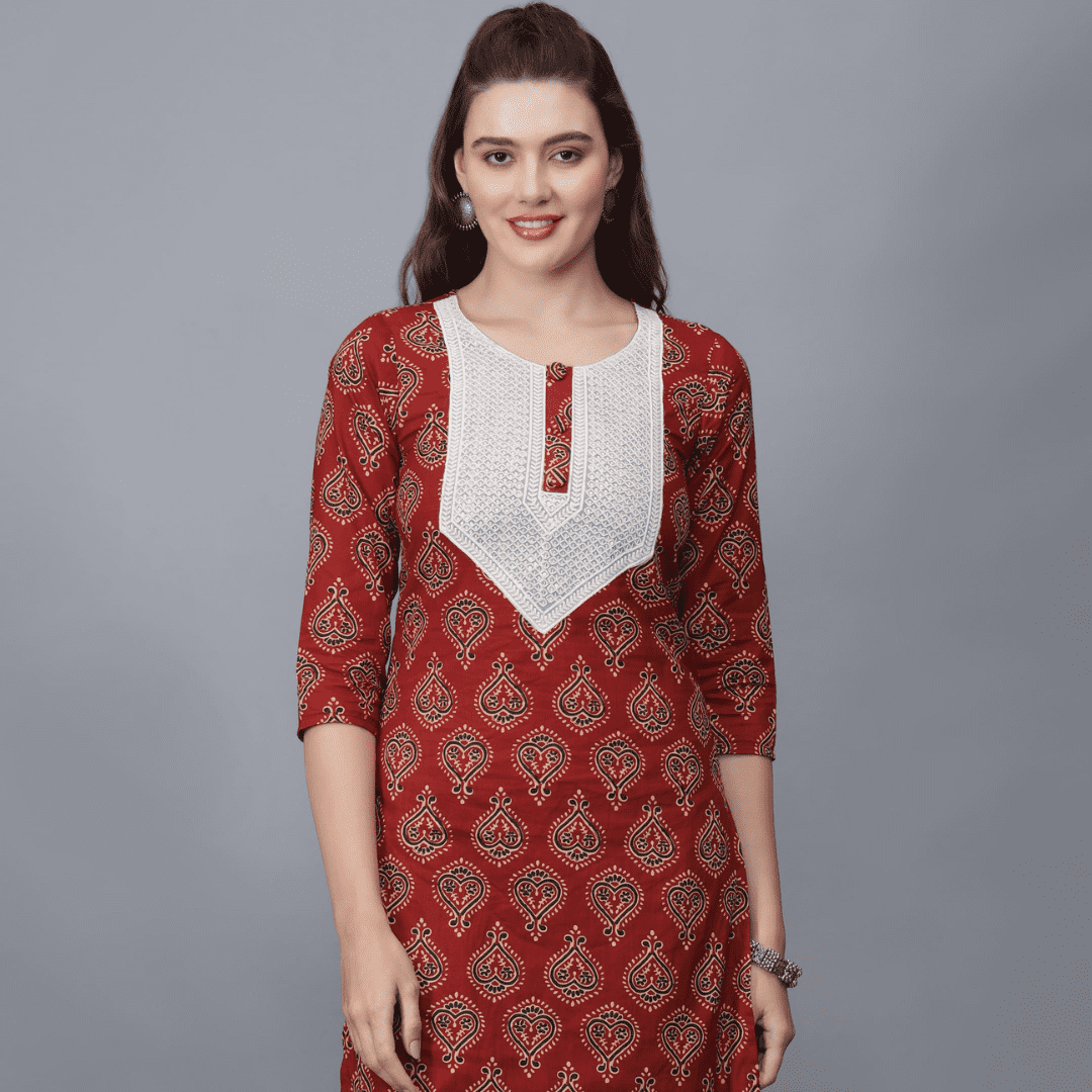 Women's Floral Print Cotton Kurta (Maroon) - Etraana.com