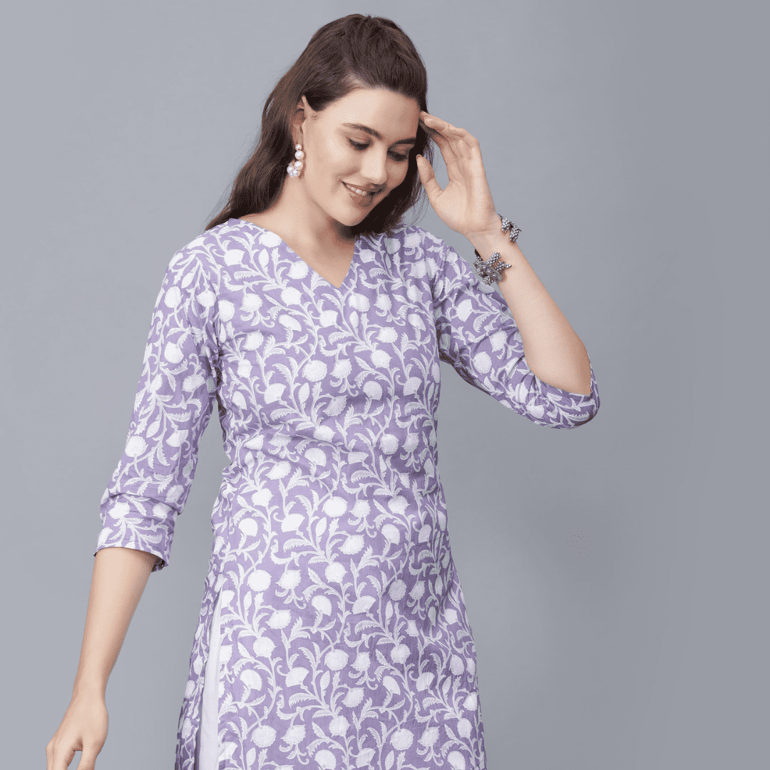 Women's V-Neck Floral Print Cotton Straight Kurta (Levender) -Etraana.com