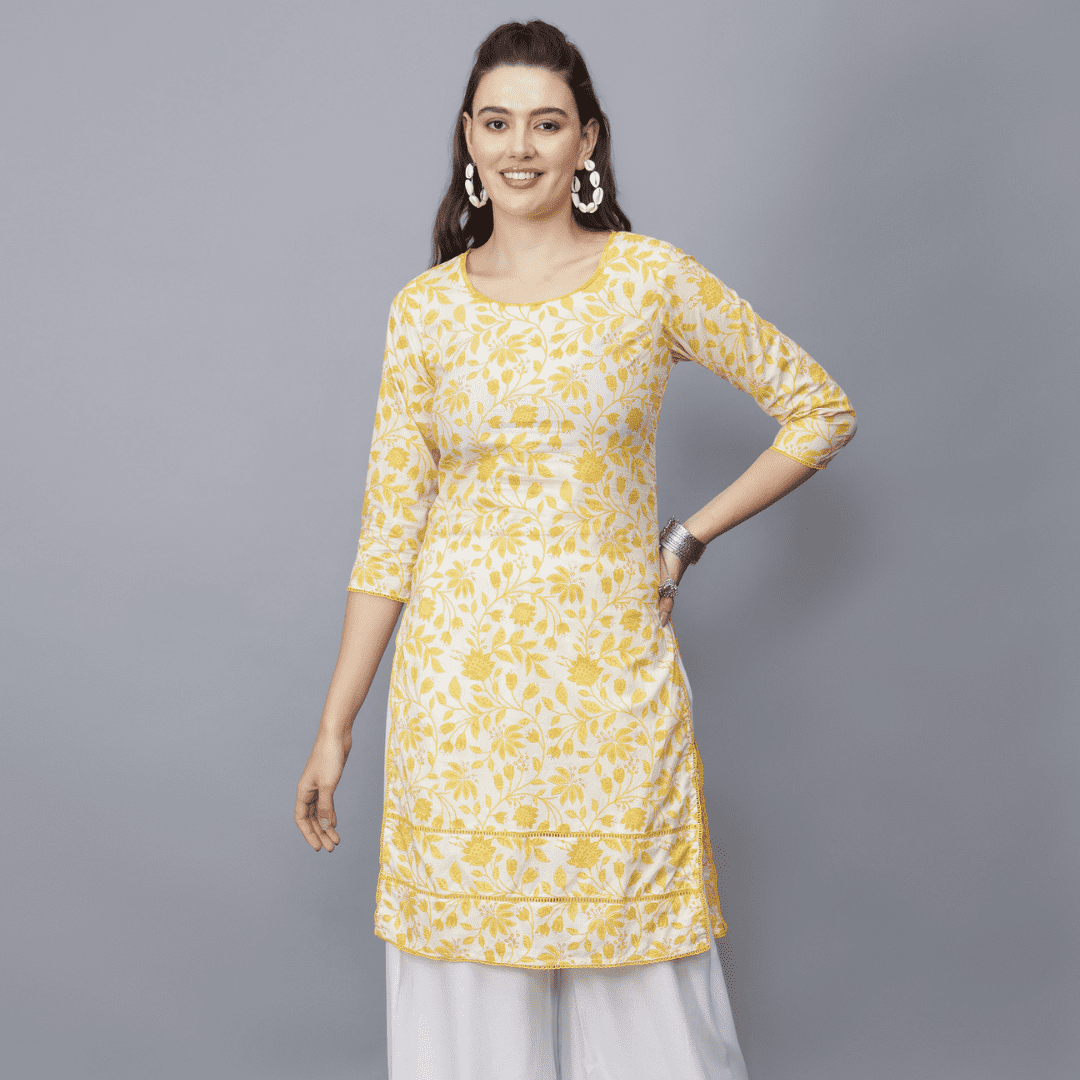 Women's Round-Neck Floral Print Cotton Kurta (Yellow) -Etraana.com