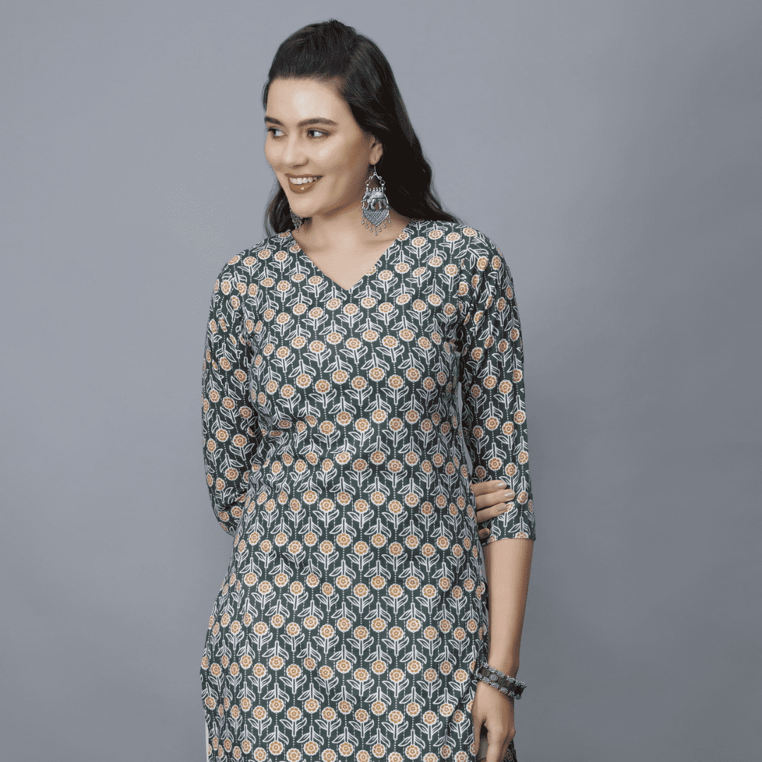Women's U-Neck Floral Print Cotton Straight Kurta (Green)-Etraana.com
