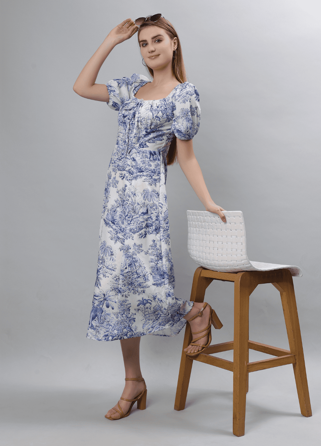 Floral Printed Puff Sleeves Smocked Fit Midi Dress - Etraana