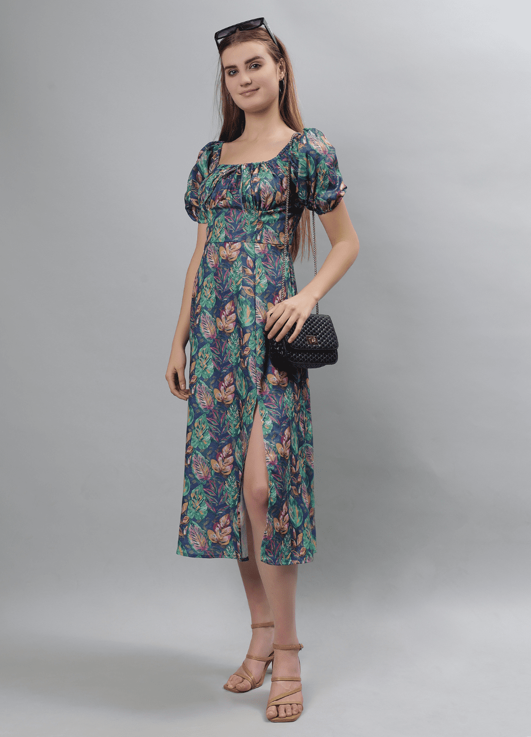 Green Floral Printed Puff Sleeves Smocked Fit Midi Dress- Etraana