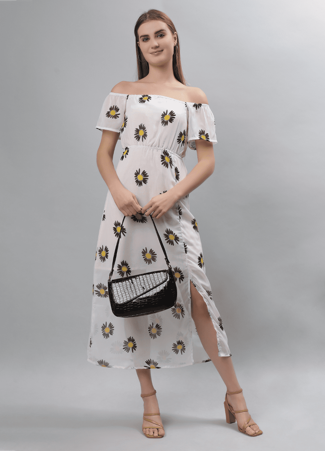 Yellow Floral Print Off-Shoulder Dress - Etraana