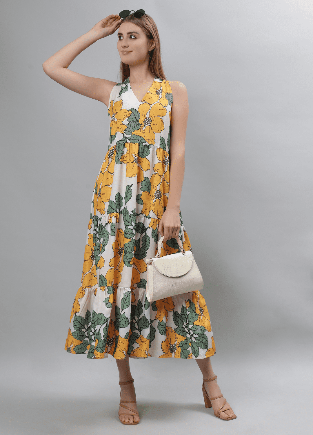 Women Charming Yellow Floral Print Midi Dress-Etraana