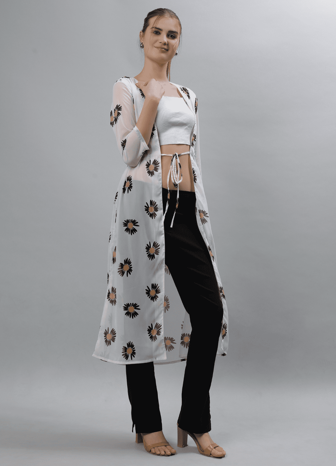 Women’s Yellow Floral Print Long Shrug - Etraana